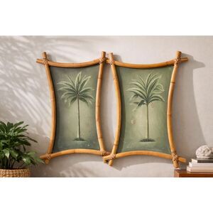 Vintage Bamboo Framed Palm Tree Art Tropical Coastal  Boho Island Hand Painted